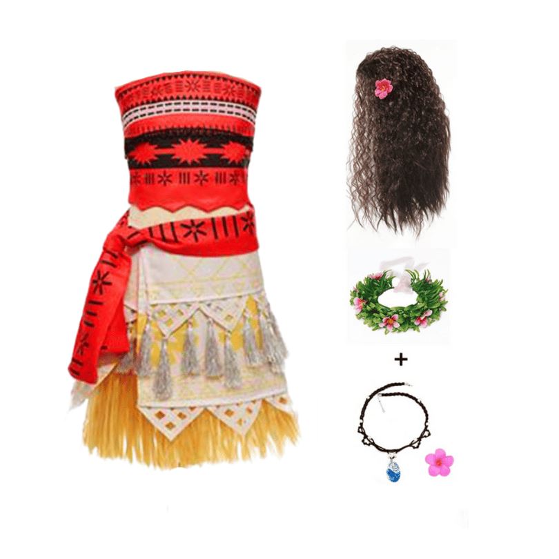 Luxury Princess Moana Costume with Wig, Crown, and Necklace