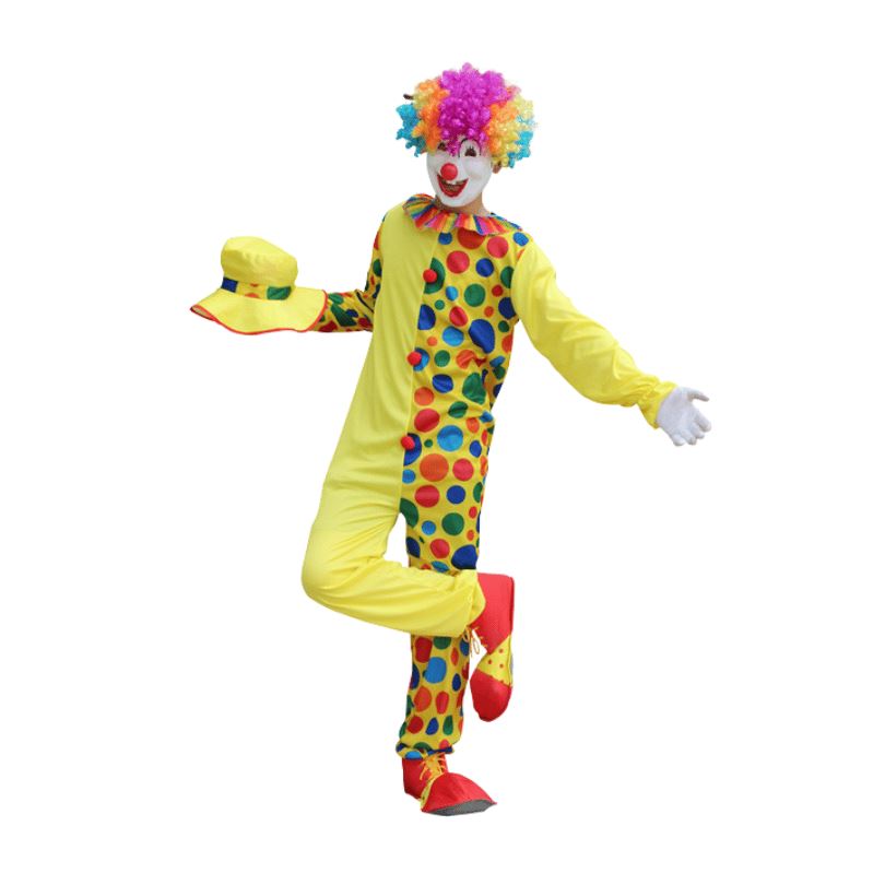 Adult Yellow Clown Cosplay Costume with Colorful Polka Dots