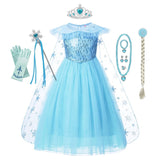 ice princess costume dress flat lay with cape braid and jewelry for kids