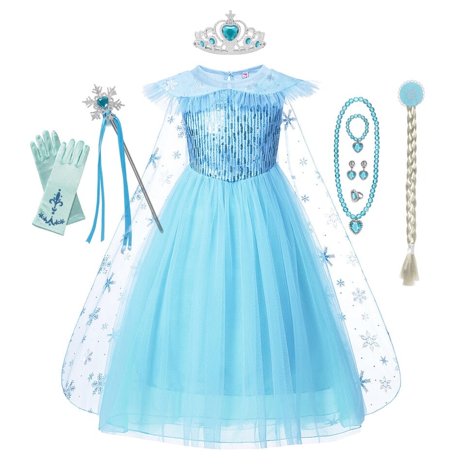 ice princess costume dress flat lay with cape braid and jewelry for kids