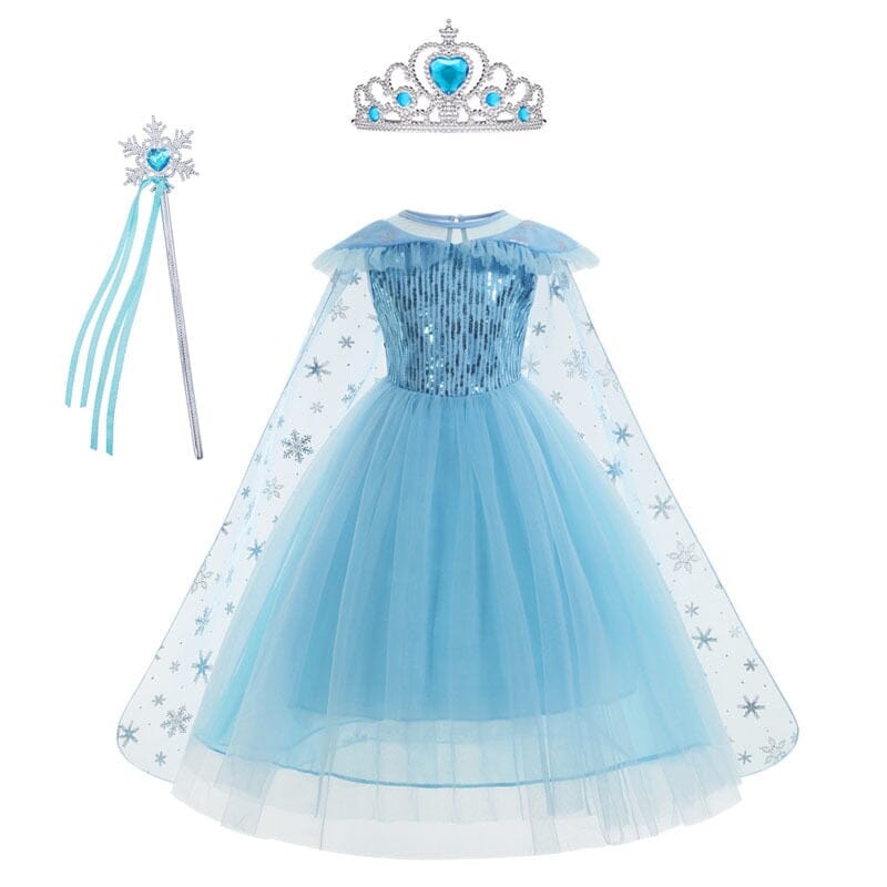 kids princess costume dress with snowflake cape detail
