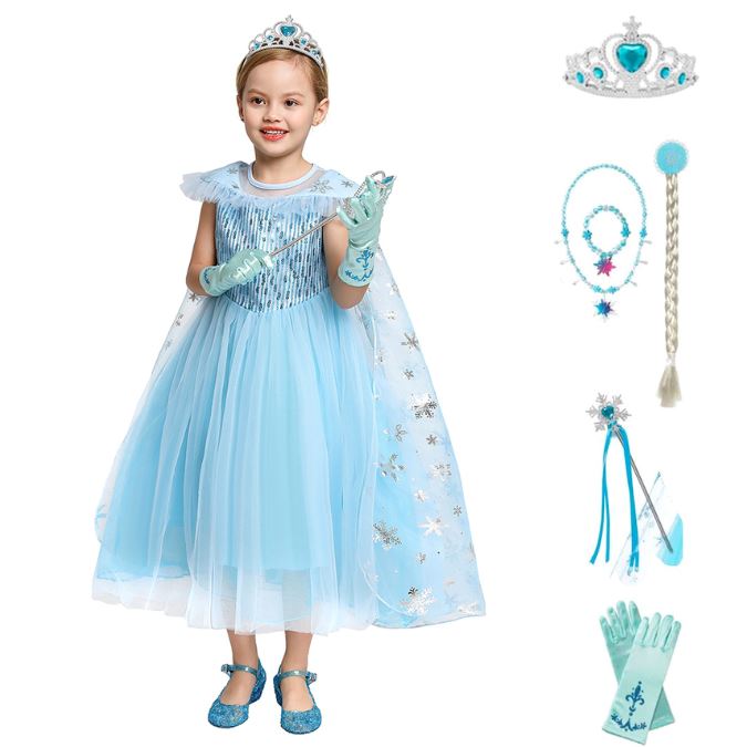 blue ice princess dress with sequin bodice and snowflake cape
