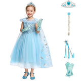 blue ice princess dress with sequin bodice and snowflake cape for kids
