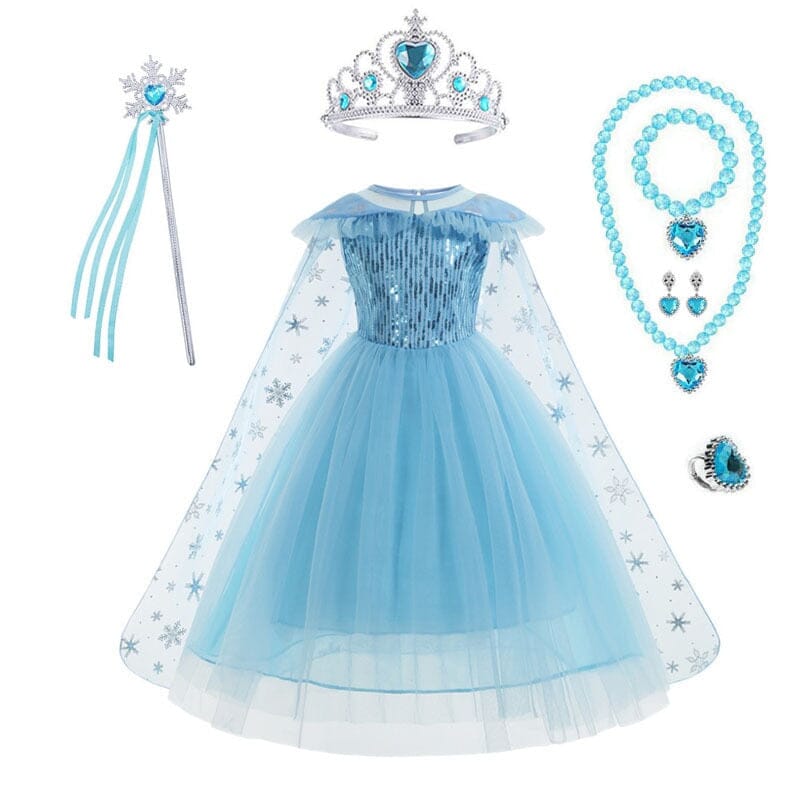 blue ice princess dress with snowflake cape and necklace set
