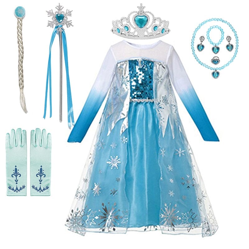 blue ice princess dress with gradient sleeves and snowflake details
