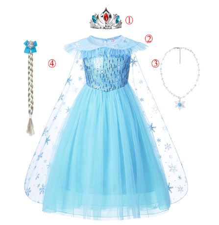 blue ice princess dress with long sheer snowflake cape for kids