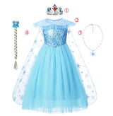 blue ice princess dress with long sheer snowflake cape for kids