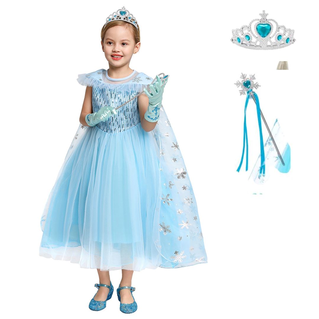 blue ice princess dress worn by child with tiara and gloves
