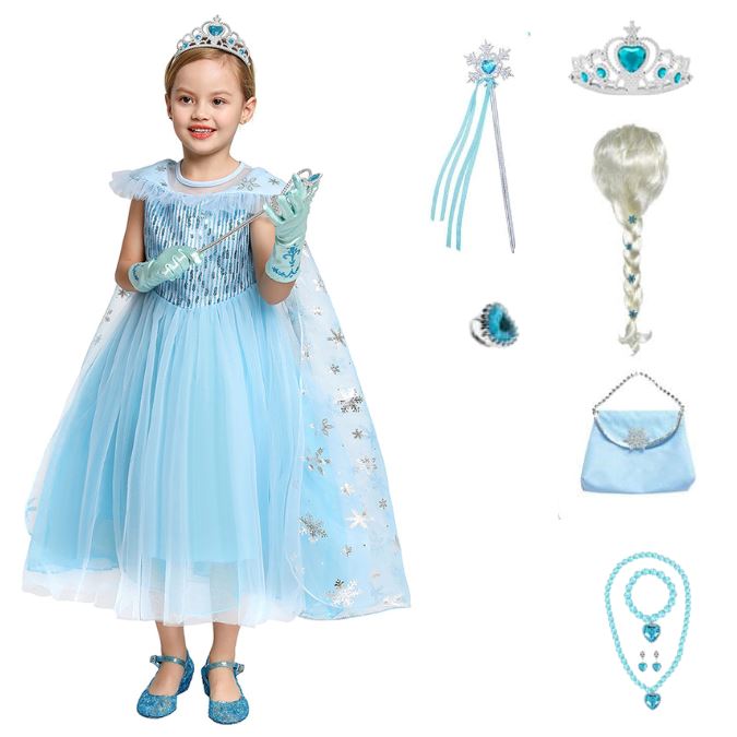 blue ice princess dress with snowflake cape and handbag for kids

