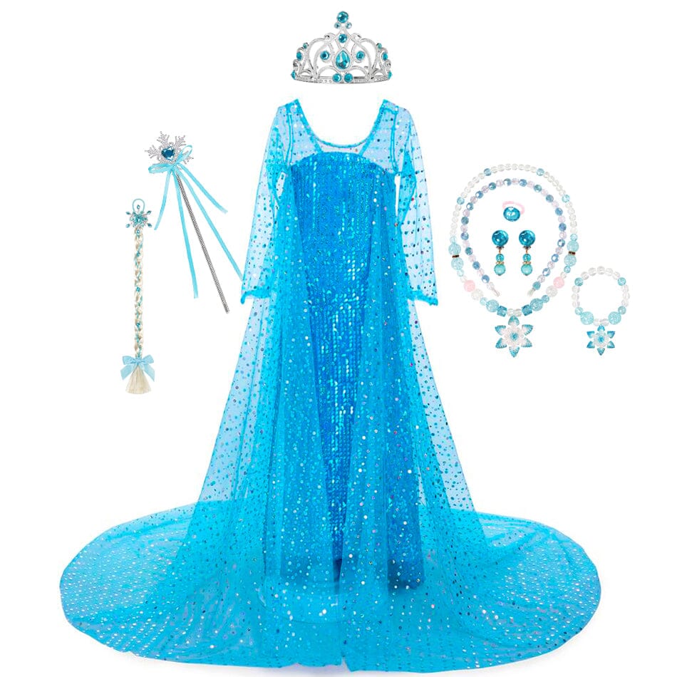 blue ice princess sequin dress with sheer sleeves and train
