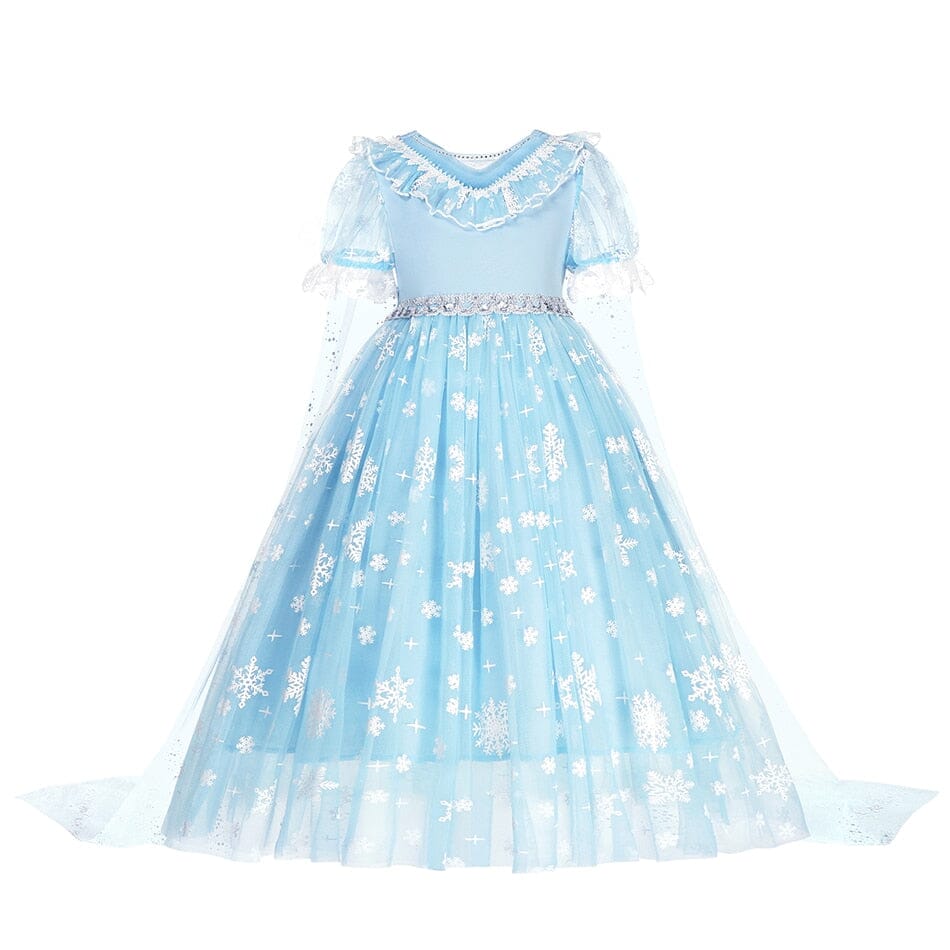 light blue ice princess dress with puff sleeves and tulle skirt