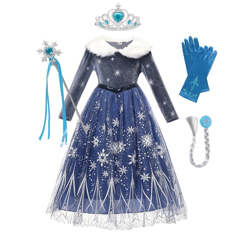 dark blue ice princess dress with faux fur collar for kids
